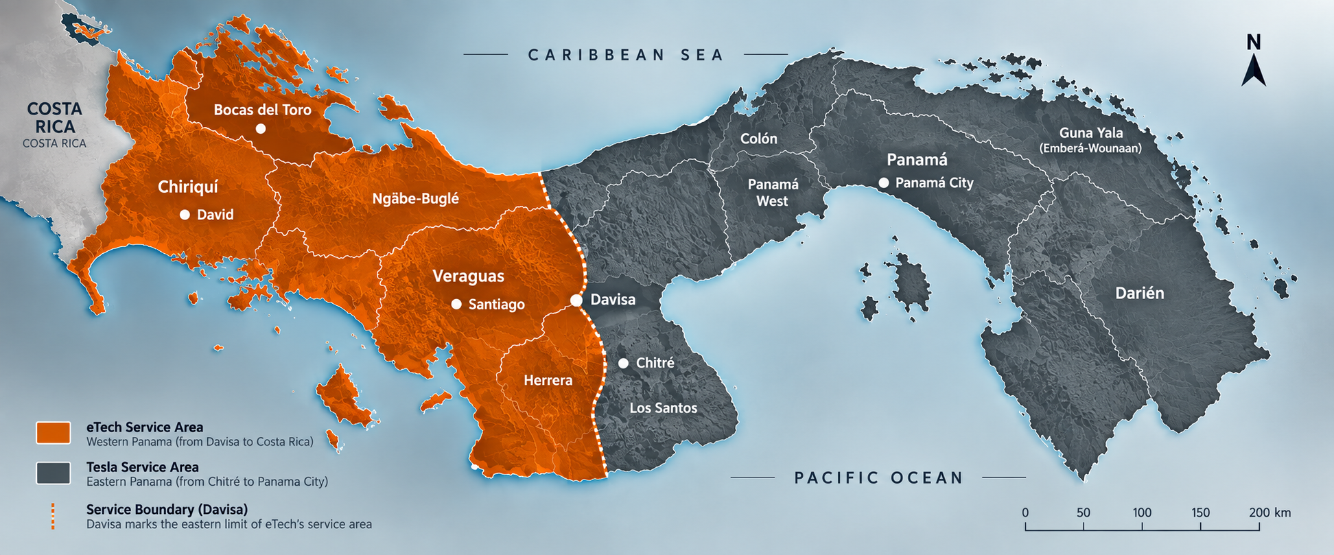 eTech service area in Panama, from the Davisa boundary west to the Costa Rican border