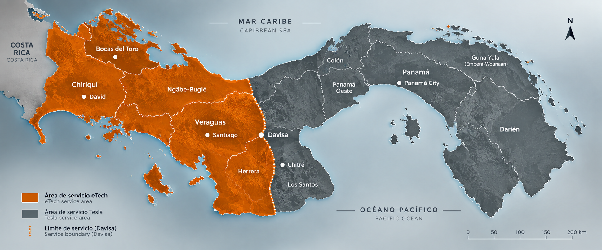 Área de servicio de eTech en Panamá, desde el límite de Davisa hacia el oeste hasta la frontera con Costa Rica
